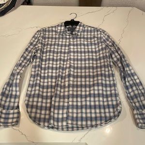American rag small casual button down shirt.  Plaid blue, tan, white